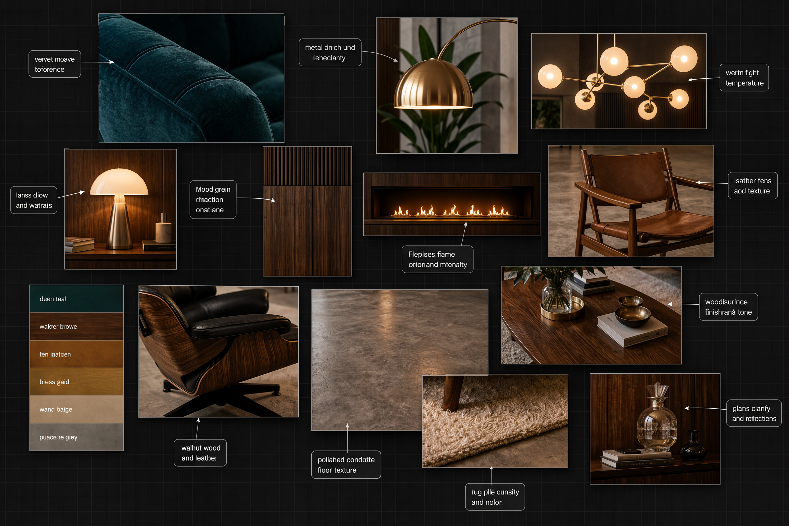 Stage 1 — reference moodboard of materials, furniture and lighting